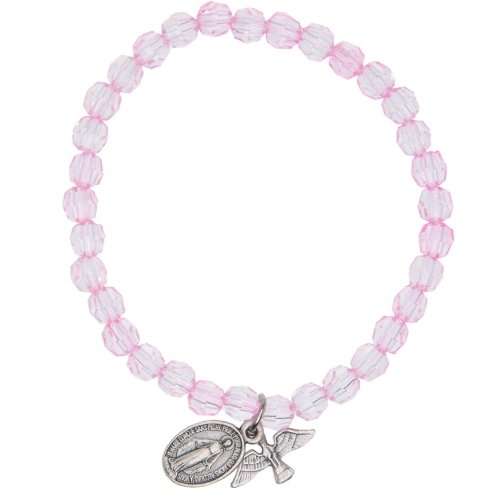 Elastic Plastic Crystal Like Beads Bracelet with Miraculous Medal and Dove (5mm Beads)