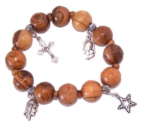Pulsera religiosa de madera de olivo elástica con Cruz de tono plateado, Santo Rostro, Estrella y María con Niño (Grande)