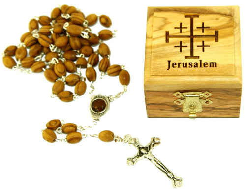 Rosario de Primera Comunión y Caja de Madera de Olivo de Belén (Cruz de Jerusalén - Láser) con Rosario