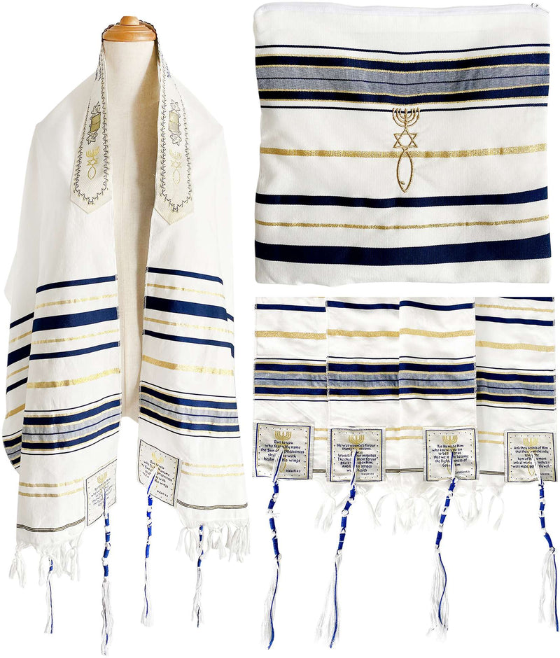 Navy tallit on mannequin with matching zip bag and corner patches