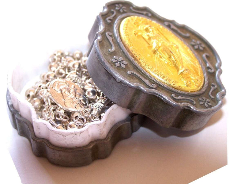 Rosario con cuentas en tono plateado con caja especial de rosario de Pewter (cuentas de 3mm - 16 pulgadas...)