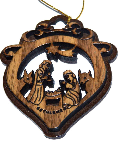 Adorno de Escena del Nacimiento de la Sagrada Familia de Dos Capas de Caoba con Madera de Olivo Tallado por Láser - Madera de Olivo (7 cm o 2.8 pulgadas con Certificado) y Cuerda Dorada