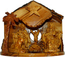 Holy Land Market Musical Olive Wood Nativity Set with Rustic Stable (Bark Roof) - Glued Alabaster Pieces