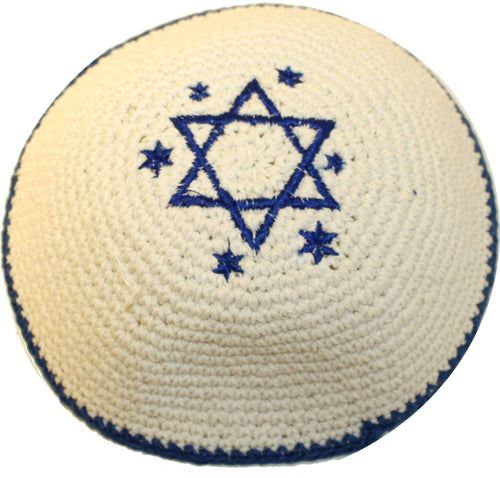 White with Blue Star of David 17cm DMC 100% Knitted Cotton Kippah Jewish