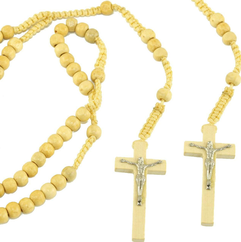 Par de rosarios de cuentas de madera tono marfil con bolsas de terciopelo: collares de rosario con corpus de Jesús en metal pegado