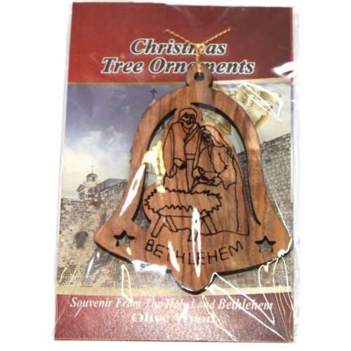 Adorno de la escena del Nacimiento de la Sagrada Familia en campana, tallado por láser - Madera de olivo (7 cm o 2.8 pulgadas con certificado)