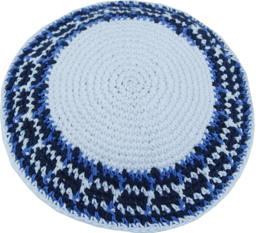 White/Blue Model III, 17cm DMC 100% Knitted Cotton Kippah Yarmulke Skullcap