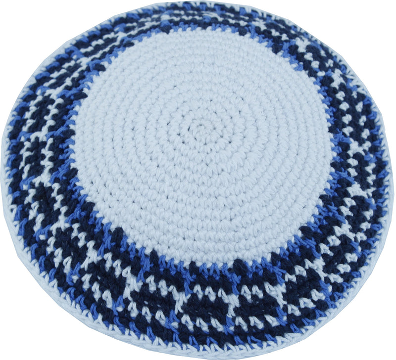 Holy Land Market White/Blue Model III, 17cm DMC 100% Knitted Cotton Kippah Yarmulke Skullcap