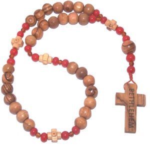 Amber, Coral and olive wood Threaded Anglican Rosary 9"