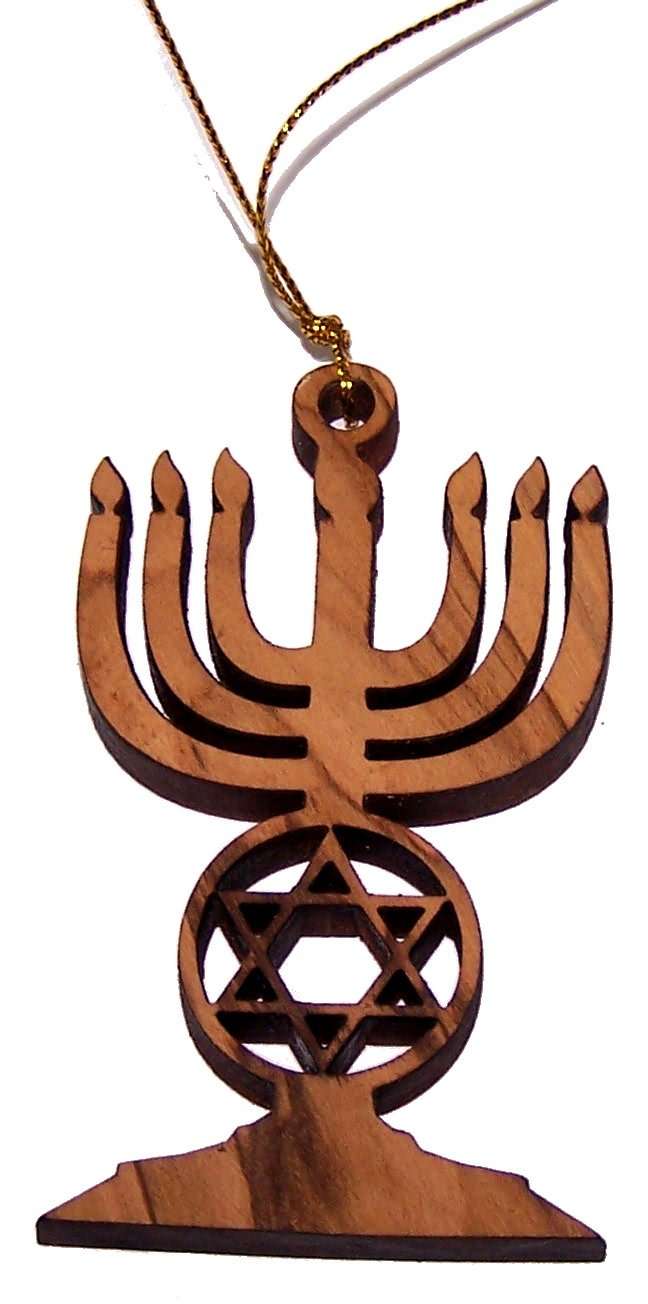 Menorá de madera de olivo de Holy Land Market con adorno de estrella de David/gran colgante láser