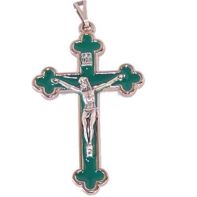 Rosary Supplies - Metal Crosses & Crucifixes Rosary crucifix with green enamel - Extra Large - Pewter grade A (7.5 cm-3 in.