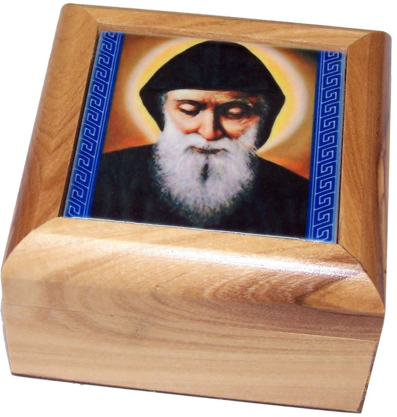 Caja de Primera Comunión del Mercado de Tierra Santa - Caja de rosario católico - Madera de olivo de Belén (Icono superior - Mar Charbel)