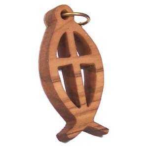 Colgante Láser de Pescado y Cruz de Madera de Olivo (3.2x1.5 cm)