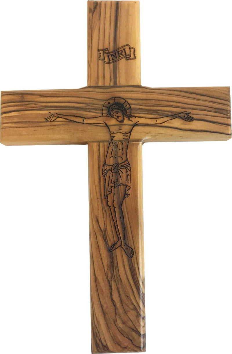 Holy Land Market Olive Wood Cross with Crucifix Carved by Laser - an Icon of Faith (8 inches or 20 cm)