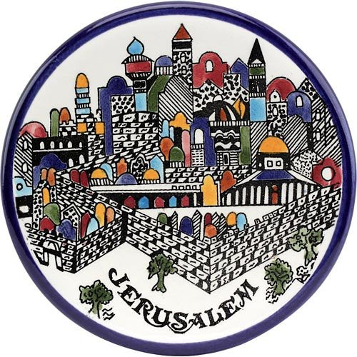 Jerusalem City Walls and Old City View Armenian Ceramic Plate - Small (3.6 inches or 9cm) - Asfour Outlet Trademark