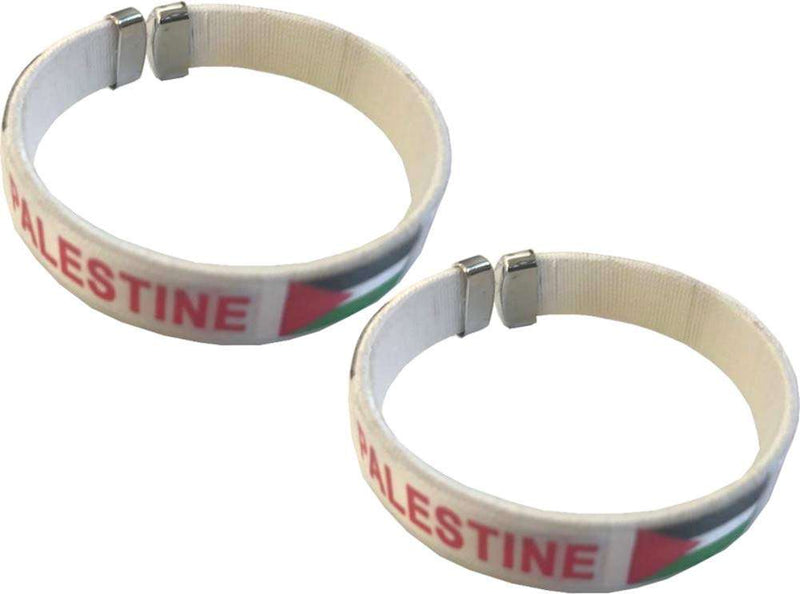 Pair of white fabric cuff wristbands with red PALESTINE text and flag