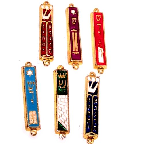 A Set of 6 Gold Plated Mezuzahs with Different enameled Themes. Each is About 3 Inches.