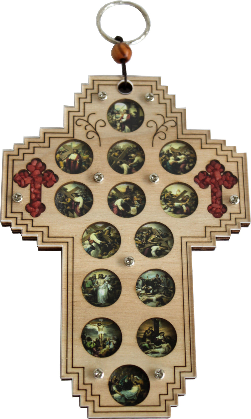 Three Layers with enameled Medals Showing 14 Stations of The Cross and 2 Small Crosses Filled with Natural Holy Land Stones