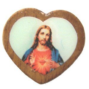 Sacred Heart wooden medal - enamel heart (18x16mm -0.7x0.6")