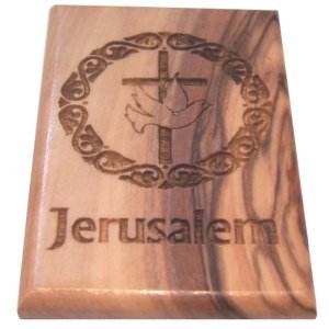 Dove with Cross and Jerusalem Magnet - Olive wood (6x4 cm or 2.4x1.6")