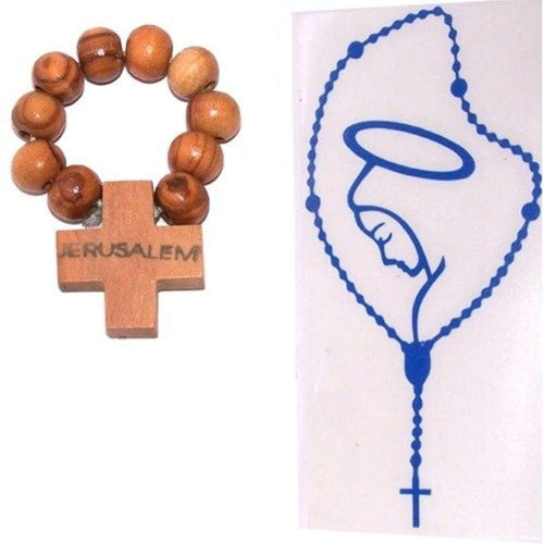 Rosario grande transparente del Mercado de Tierra Santa con adhesivo de la Madre María bendita para su coche (18 x 9 cm) + Rosario de dedo de madera de olivo de Belén