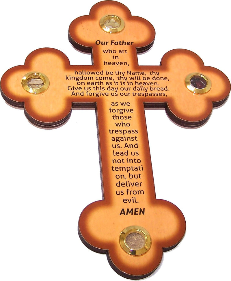 Holy Land Market Wooden Cross with Lord Prayer Art on top and 4 Samples from The Holy Land (9.2 inches)