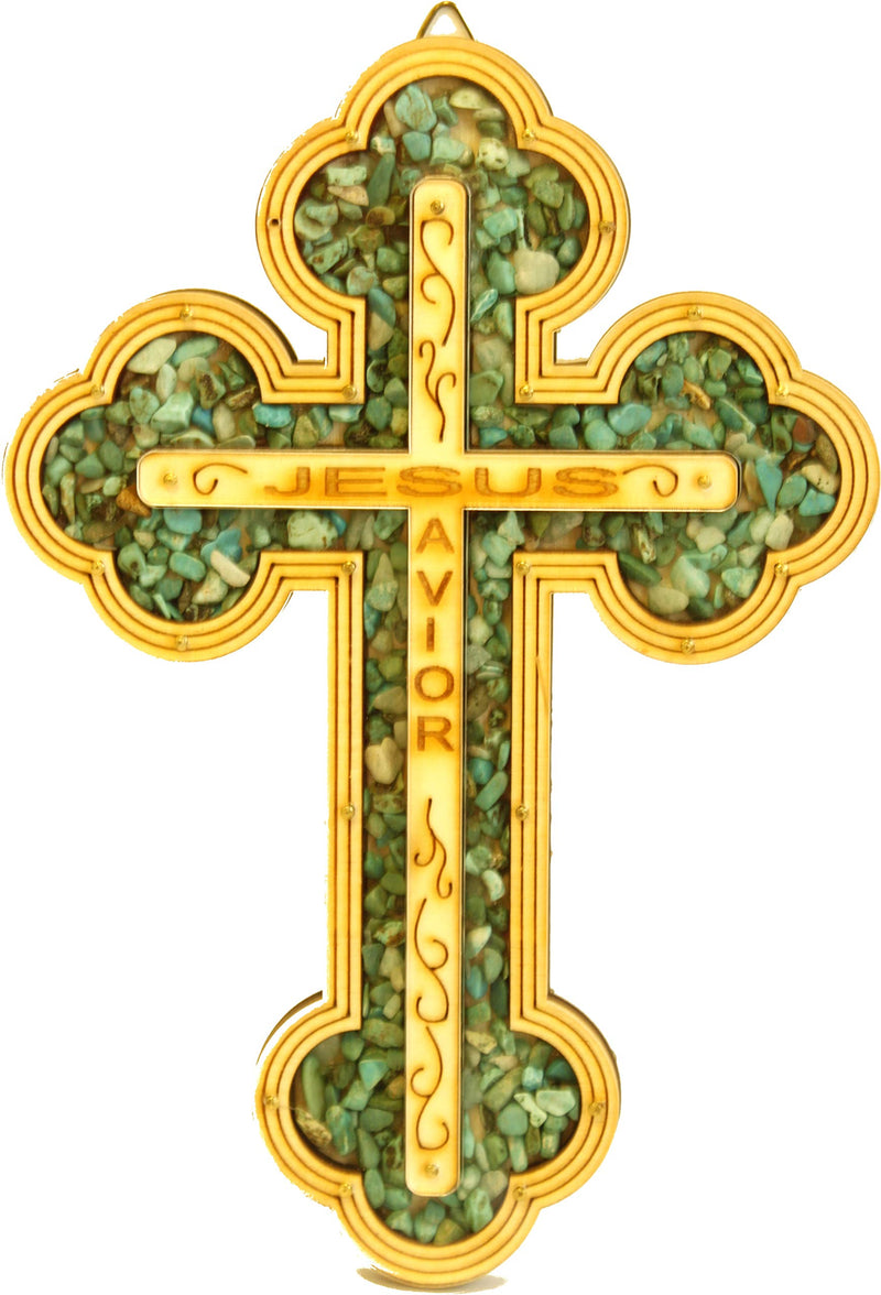 Jesus Savior Cross Filled with firy Reddish Carnelian semi Precious Stones from The Holy Land