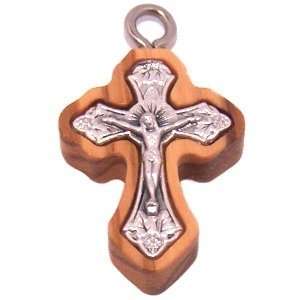 Cruz de Madera de Olivo con Cruz de Vid de Pewter Incorporada - Oriental (2.4 cm - 0.95") - 6 mm de grosor