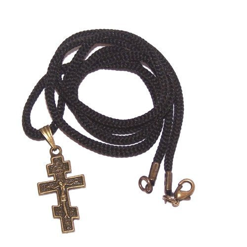 Russian 3-bar Crucifix bronze tone necklace - design based on Fedorov designer - 60cm strap with clasp
