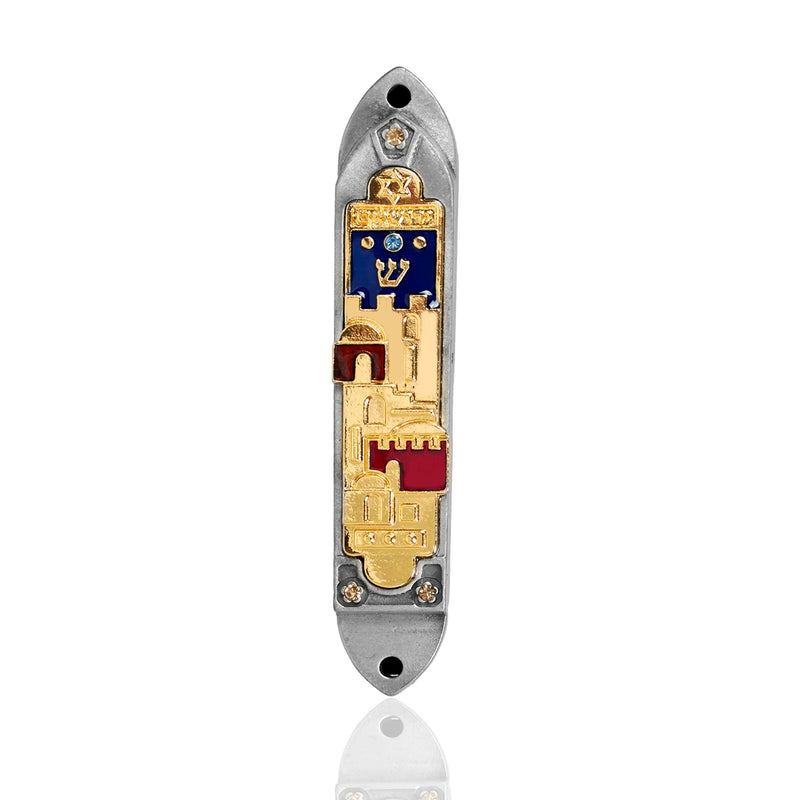 Gold-plated Jerusalem walls panel on pewter case, blue and red enamel, front view