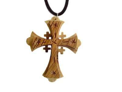 Colgante de cruz de Jerusalén de madera de olivo del Mercado de Tierra Santa (7.6 cm)