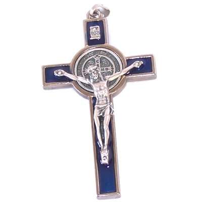 Crucifijo de rosario de San Benito con esmalte azul oscuro - Extra Grande - Estaño tono grado A (7.5 cm-3 pulgadas)