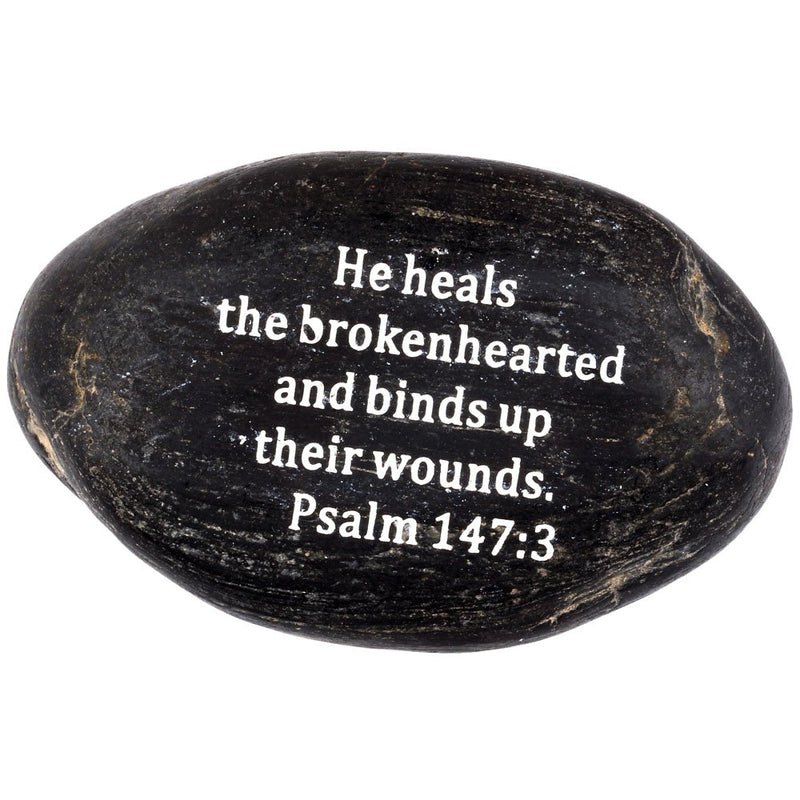 Holy Land Market Engraved Inspirational Scripture Biblical Black Stones Collection - Stone VII : Psalm 147:3 :" He Heals The brokenhearted, and binds up Their Wounds