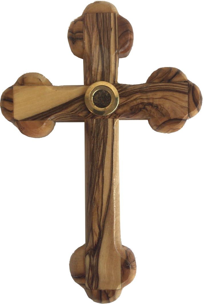 Holy Land Market Simple Olive wood Eastern or 14 Stations Cross with Soil from Bethlehem (13.5 or 5.4 inches)