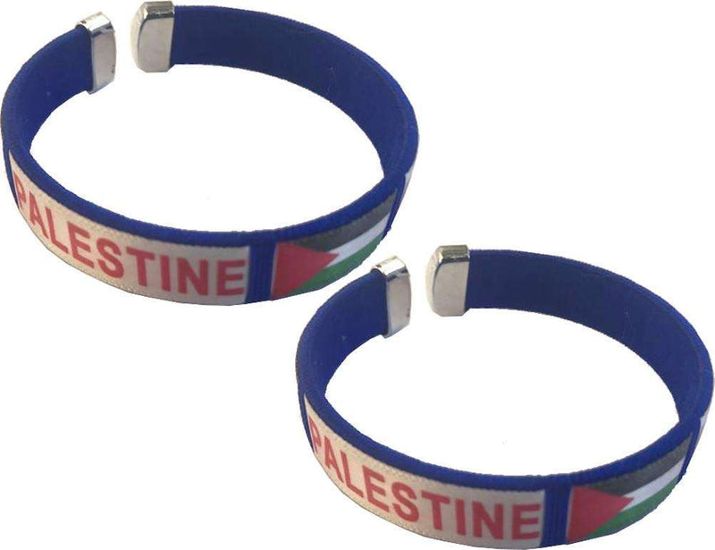 Pair of blue fabric cuff wristbands with red PALESTINE text and flag
