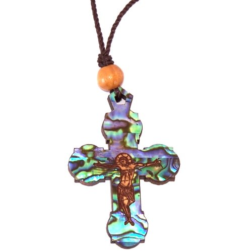 Eastern style Olive wood Crucifix with Mother of Pearls with Certificate (60cm / 23.5 inches, Cross is 5cm or 2 inches)