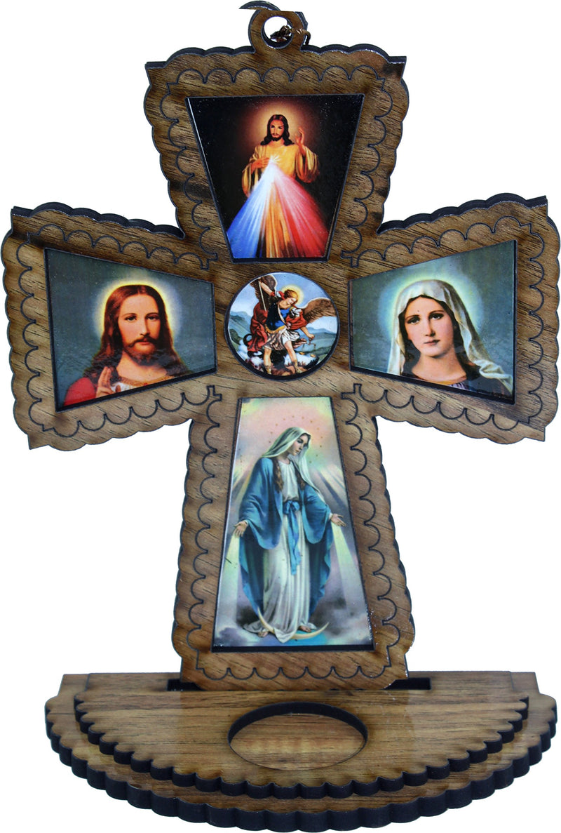 Cross with Candle stand showing holy images or pictures. Can hang or stand on table ( 8 Inches )