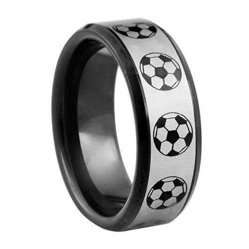 Deportes - Anillo de tungsteno de fútbol con recubrimiento IP negro de 18K - 8mm de ancho