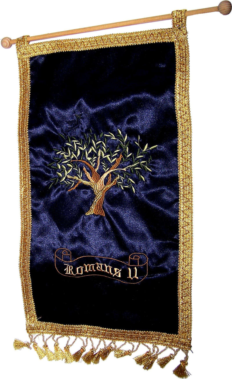 Navy blue satin banner with olive tree, hung on wooden rod, angled