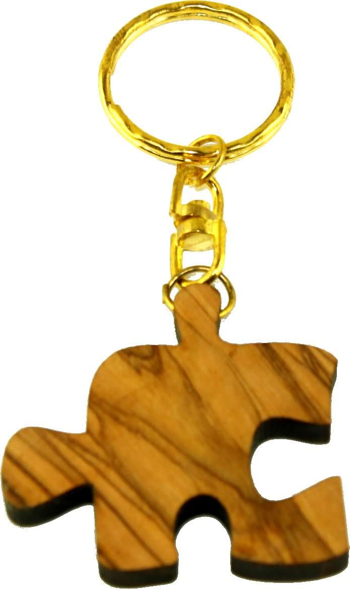 Cadena o anillo de llaves de madera de olivo con rompecabezas de autismo del Mercado de Tierra Santa - Símbolo de Familia, Amigos o Amantes para Siempre