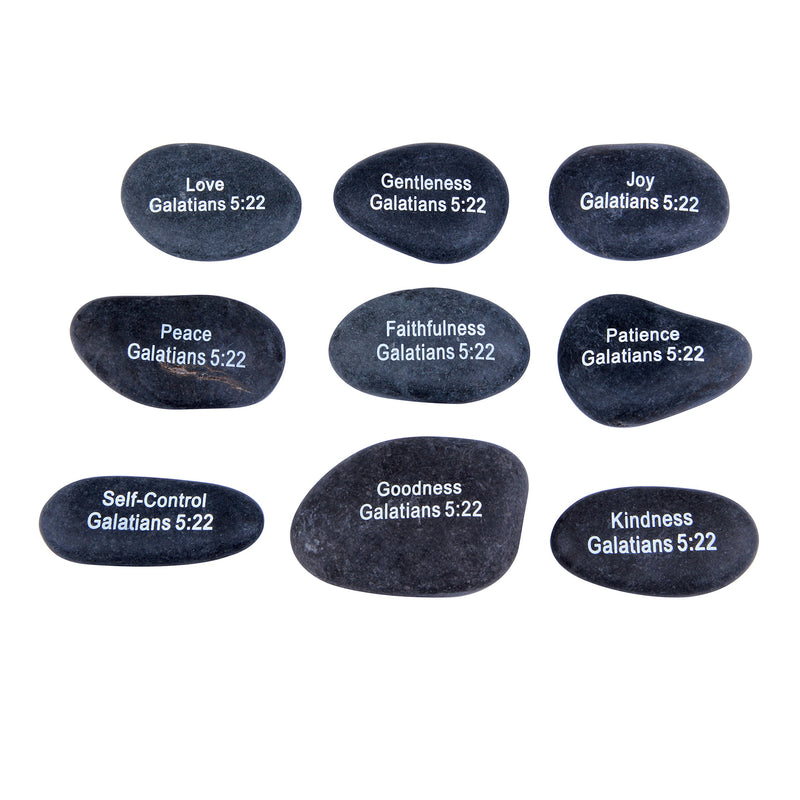 Holy Land Market Engraved Inspirational Black Stones - (Fruits of The Holy Spirit Set of 9 - Large 2-3 Inches) from The Holy Land