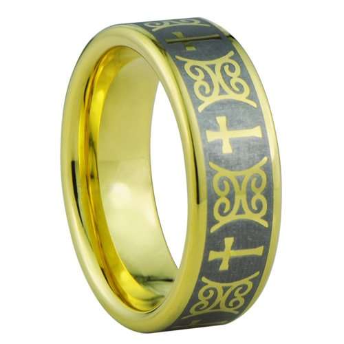 Gold tone Christian ring with engraved cross pattern