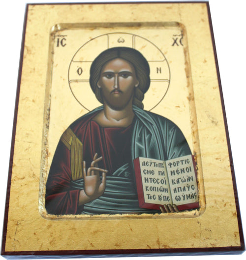 Gold leaf Pantocrator icon on wood with recessed border, angled view