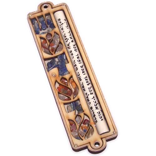 Mezuzá con piedras preciosas de Israel - Mezuzá de madera de 3 capas (14.5cm o 4.8 pulgadas) - se adapta a Klaf de hasta 4 pulgadas