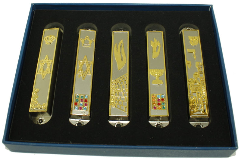 A Set of 5 Pewter Clean and Smooth Cut and Gold Plated Mezuzahs Symbols with Different enameled Themes. Each is About 3.5 Inches and Comes with Scrolls and Screws for Hanging