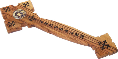 Cruz de bendición de sacerdote de la Tierra Santa - Tallada a mano de madera de olivo Cruz Oriental con dos íconos Modelo I - 9 pulgadas