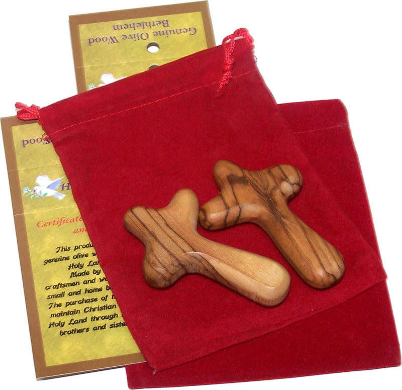 Pequeño paquete de cruz de confort de madera de olivo para bolsillo con bolsa de terciopelo y tarjeta de oración del Señor - La cruz de sostener o de mano (2 pulgadas)