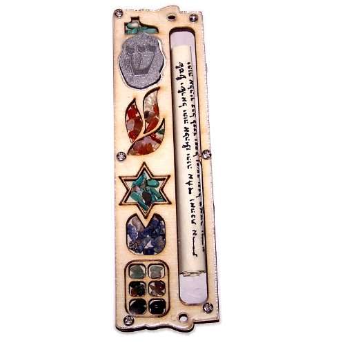 Mezuzá de estrella de David con piedras preciosas de Israel - Mezuzá de madera de 3 capas (17 cm o 6.8 pulgadas).