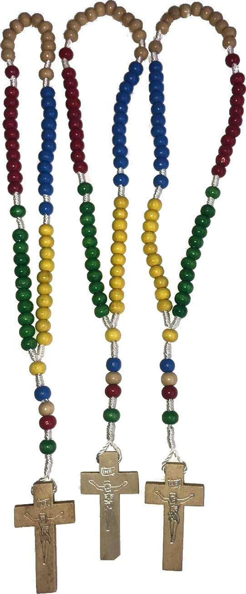 Three colorful wooden bead rosaries with carved wooden crucifixes #unit count_3 count