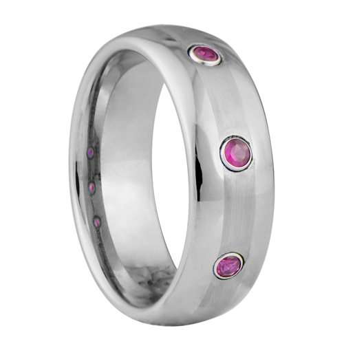 Anillo de tungsteno abovedado con piedras CZ moradas - 8 mm de ancho